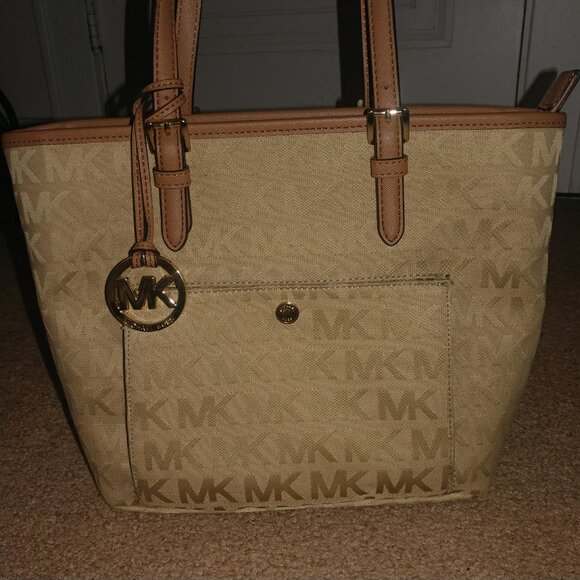 Michael Kors Tan MK Logo Canvas Shoulder Bag W/Brown Leather Trim - Medium Sized - Picture 3 of 15